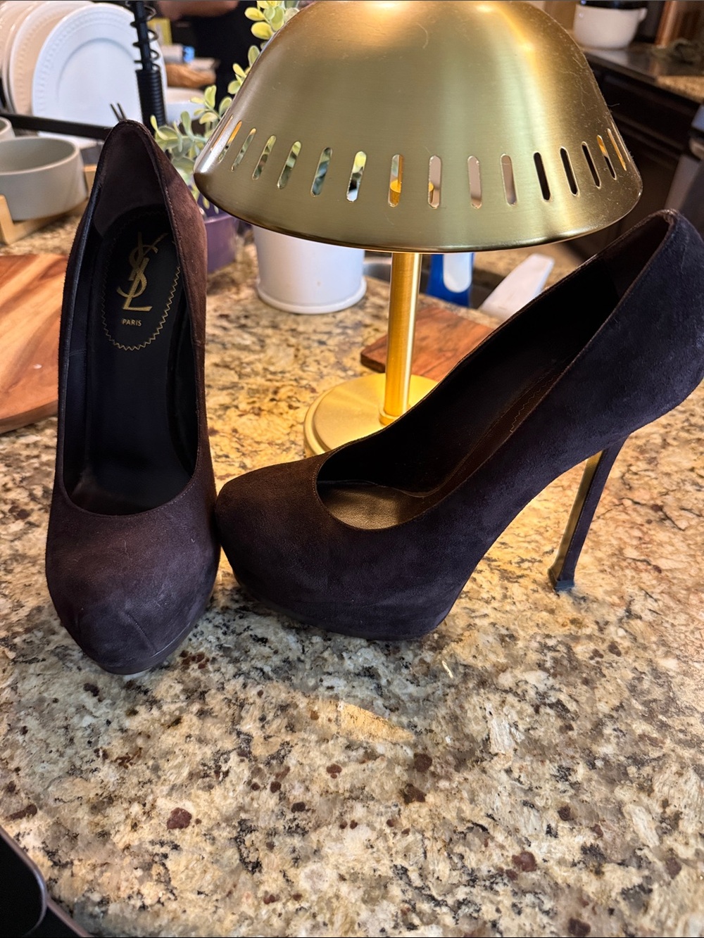 Yves Saint Laurent Dark Brown Suede Platform Stiletto Pumps